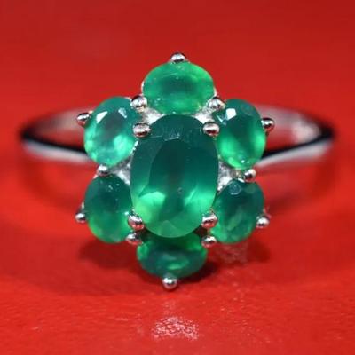 Natural Unheated Oval Green Agate Sterling Silver Cluster Ring