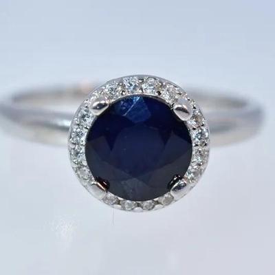 1.7 Carat Natural Round Blue Sapphire Sterling Silver Halo Ring