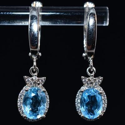2.9 TCW Vibrant Oval Blue Topaz Sterling Silver Dangle Earrings