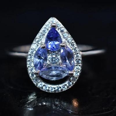 Natural Unheated Tanzanite Sterling Silver Pear Ring