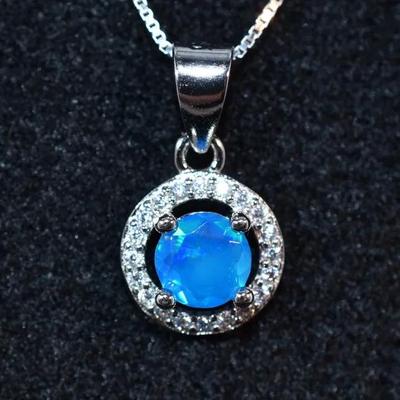 Round Blue Opal Sterling Silver Pendant