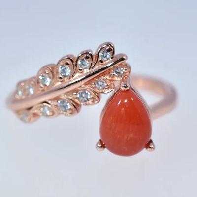 Natural Pear Coral Cabochon Sterling Silver Rose Vermeil Ring