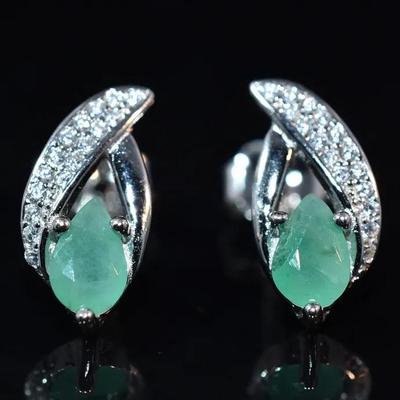 Natural Unheated Pear Emerald Sterling Silver Earrings