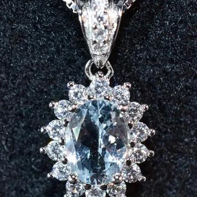 Natural Unheated Oval Aquamarine Sterling Silver Pendant