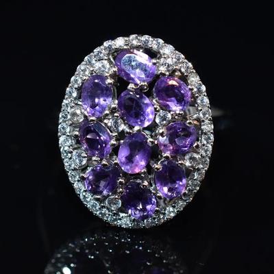 Natural Unheated Oval Amethyst Sterling Silver Cluster Ring