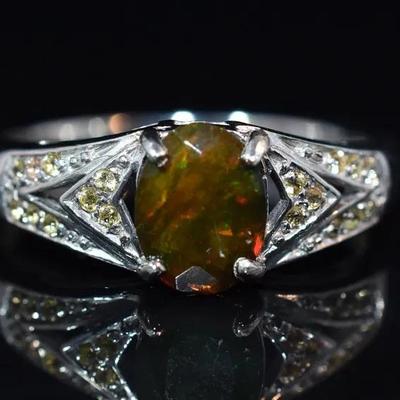 Natural Oval Black Opal & Yellow Sapphire Sterling Silver Ring