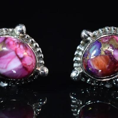 Natural Oval Pink Kingman Turquoise Cabochon Sterling Silver Stud Earrings