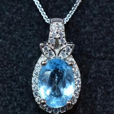 1.2 Carat Natural Oval Sky Blue Topaz Sterling Silver Pendant