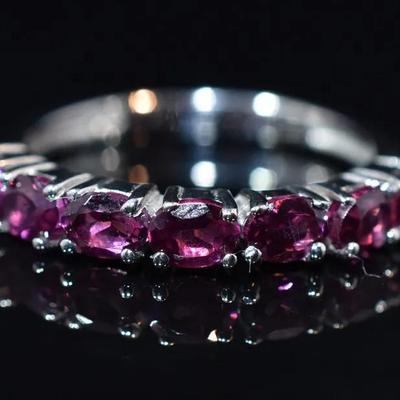 Natural Unheated Oval Rhodolite Garnet Sterling Silver Line Ring