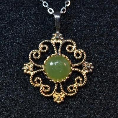 Round Green Jade Gold-Tone Filigree Pendant