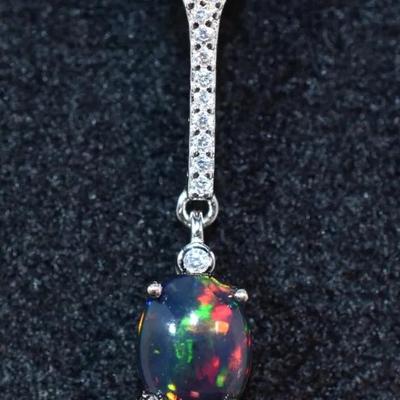 Natural Oval Black Opal Cabochon Sterling Silver Pendant