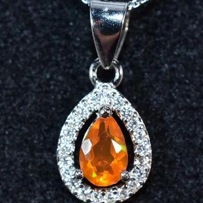 Natural Pear Orange Opal Sterling Silver Pendant