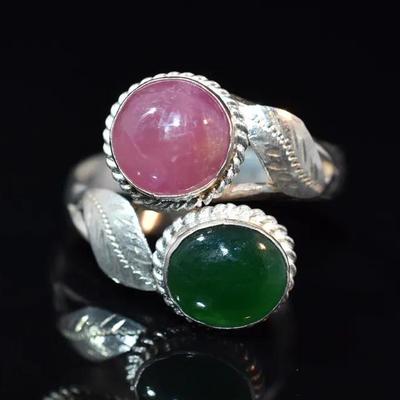 Natural Unheated Round Pink Sapphire & Green Jadeite Cabochon Sterling Silver Wrap-Around Ring