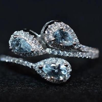 Natural Unheated Pear Aquamarine Sterling Silver Ring