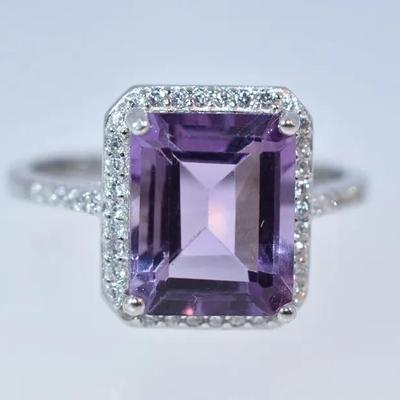 3.1 Carat Natural Unheated Elongated Amethyst Sterling Silver Halo Ring