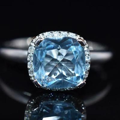2.4 Carat Natural Sky Blue Cushion Topaz Sterling Silver Halo Ring