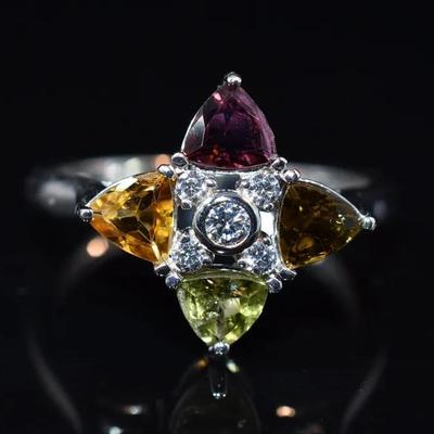 Natural Unheated Trillion Colored Tourmaline Sterling Silver Ring