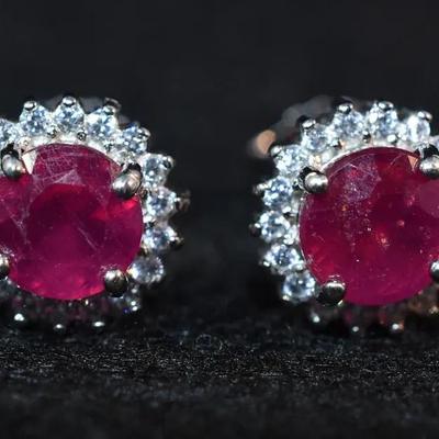 2.2 TCW Round Ruby Sterling Silver Halo Stud Earrings