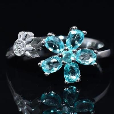 Natural Unheated Apatite Sterling Silver Floral Ring