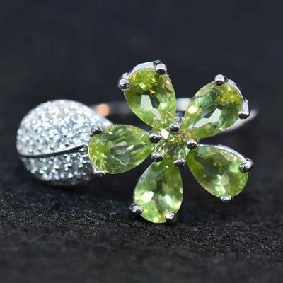 Natural Unheated Pear Peridot Sterling Silver Floral Ring