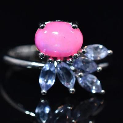 Natural Oval Pink Opal Cabochon & Marquis Tanzanite Sterling Silver Ring