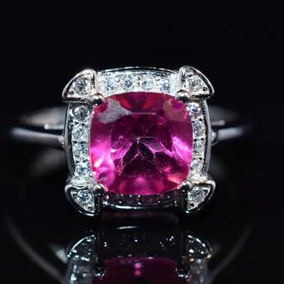 Vibrant 1.9 Carat Cushion Pink Topaz Sterling Silver Modernist Ring