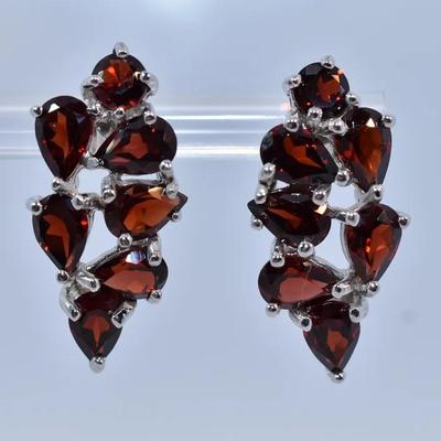 5.7 TCW Natural Unheated Garnet Sterling Silver Cluster Earrings