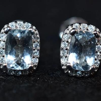 Natural Unheated Elongated Aquamarine Sterling Silver Stud Earrings