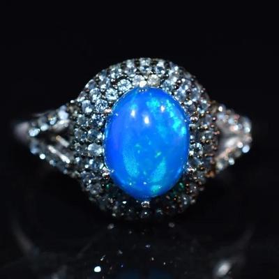 Natural Oval Blue Opal Cabochon & Pavé Purple Sapphire Sterling Silver Ring