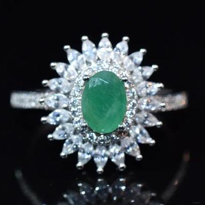 Natural Unheated Oval Emerald Sterling Silver Ring