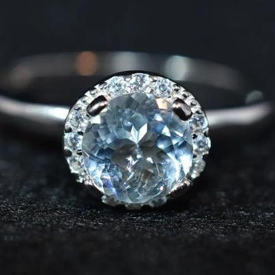 Natural Unheated Round Aquamarine Sterling Silver Halo Ring