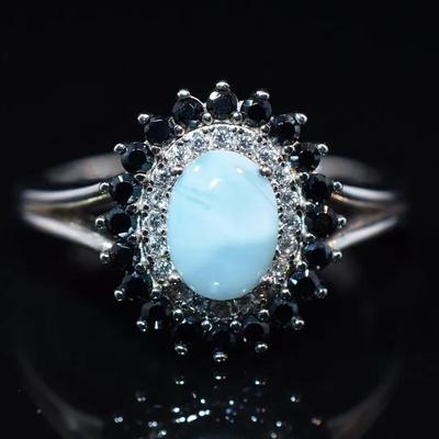 Natural Oval Larimar Cabochon & Black Spinel Sterling Silver Ring