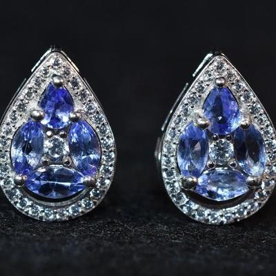 Natural Unheated Tanzanite Sterling Silver Pear Earrings
