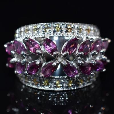 Natural Unheated Marquis Rhodolite Garnet & Yellow Sapphire Sterling Silver Ring