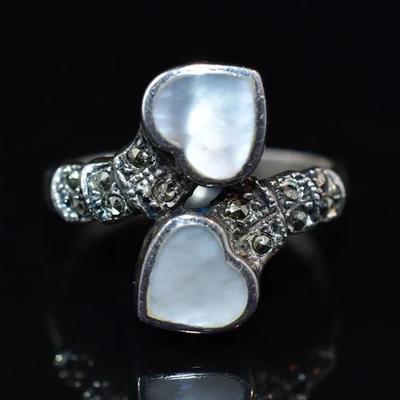 Mother of Pearl & Marcasite Heart Sterling Silver Wrap-Around Ring