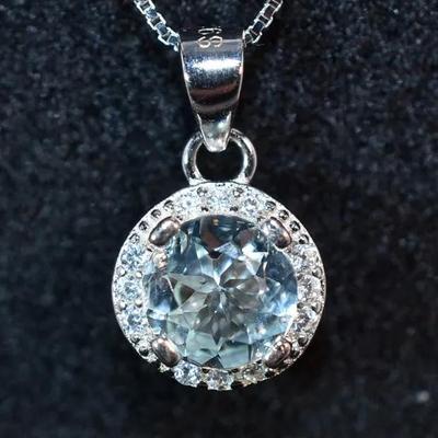 Natural Unheated Round Aquamarine Sterling Silver Pendant