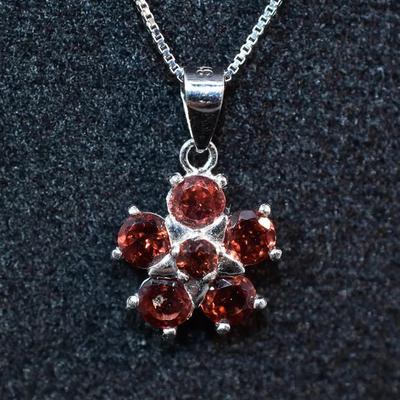Natural Unheated Round Garnet Sterling Silver Floral Pendant