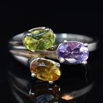 Natural Oval Amethyst, Citrine & Peridot Sterling Silver Ring