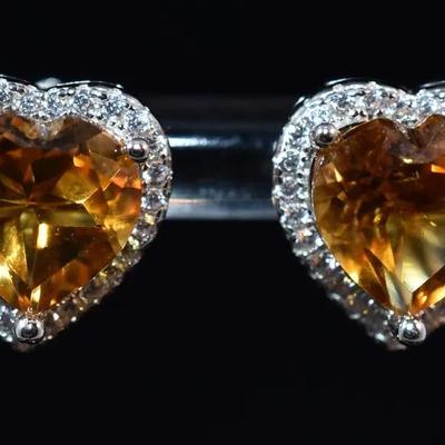 Natural Unheated Heart Citrine Sterling Silver Halo Stud Earrings
