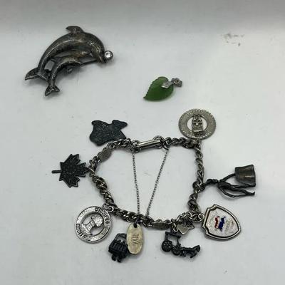 Sterling Silver Dolphin Pin, Charm Bracelet W/ Some Sterling Charms, & Jade Leaf Pendent 