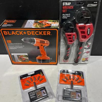 Black & Decker Cordless Drill/Driver, Handy Driver Sets, Strap Wrench Set (All Unopened)