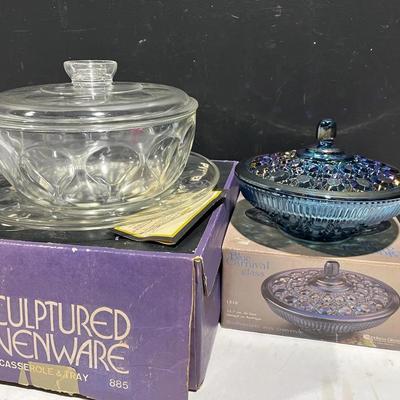 Indiana Blue Carnival Glass Candy Dish & Pyrex Sculptured Ovenware Casserole & Tray
