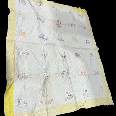 Vintage Antique Hand Embroidered Nursery Rhyme Baby Quilt