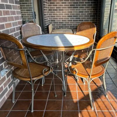 Vintage Drexel Wrought Iron & Wood Dining Set w/ Marble Inset Top & Cane-Backed Chairs
