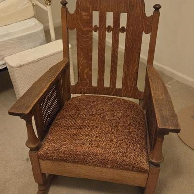 Sale Photo Thumbnail #26: Mission style oak rocker with cane side panels