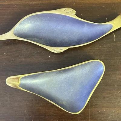 Vintage Brass Dolphin & Triangle Trinket Dish Pair