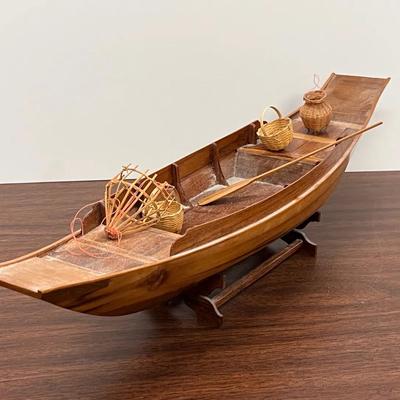 Handcrafted Wooden Rowboat Model With Stand