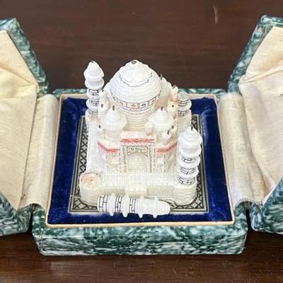 Model Taj Mahal Alabaster Sculpture In Display Box, Slightly Damaged