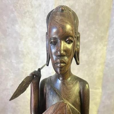 Vintage, 22” Wooden, African Tribal Warrior Statue w/ Removable Spear & Shield 