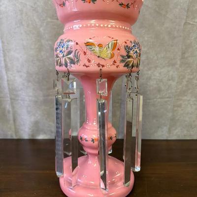 Pink Victorian Hand Painted Glass Mantle Luster